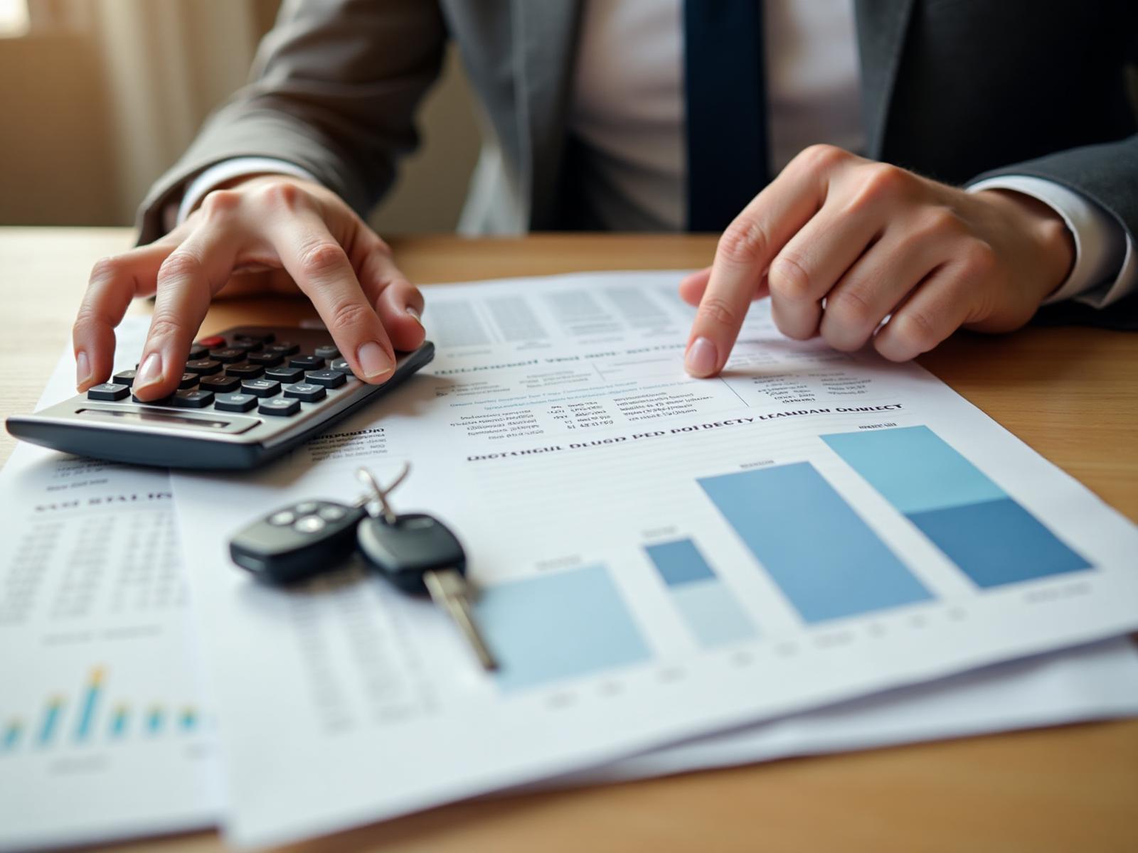Person reviewing car finance documents with calculator and car keys