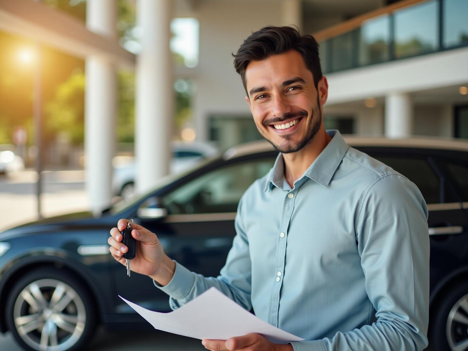 Happy customer holding car keys and documents