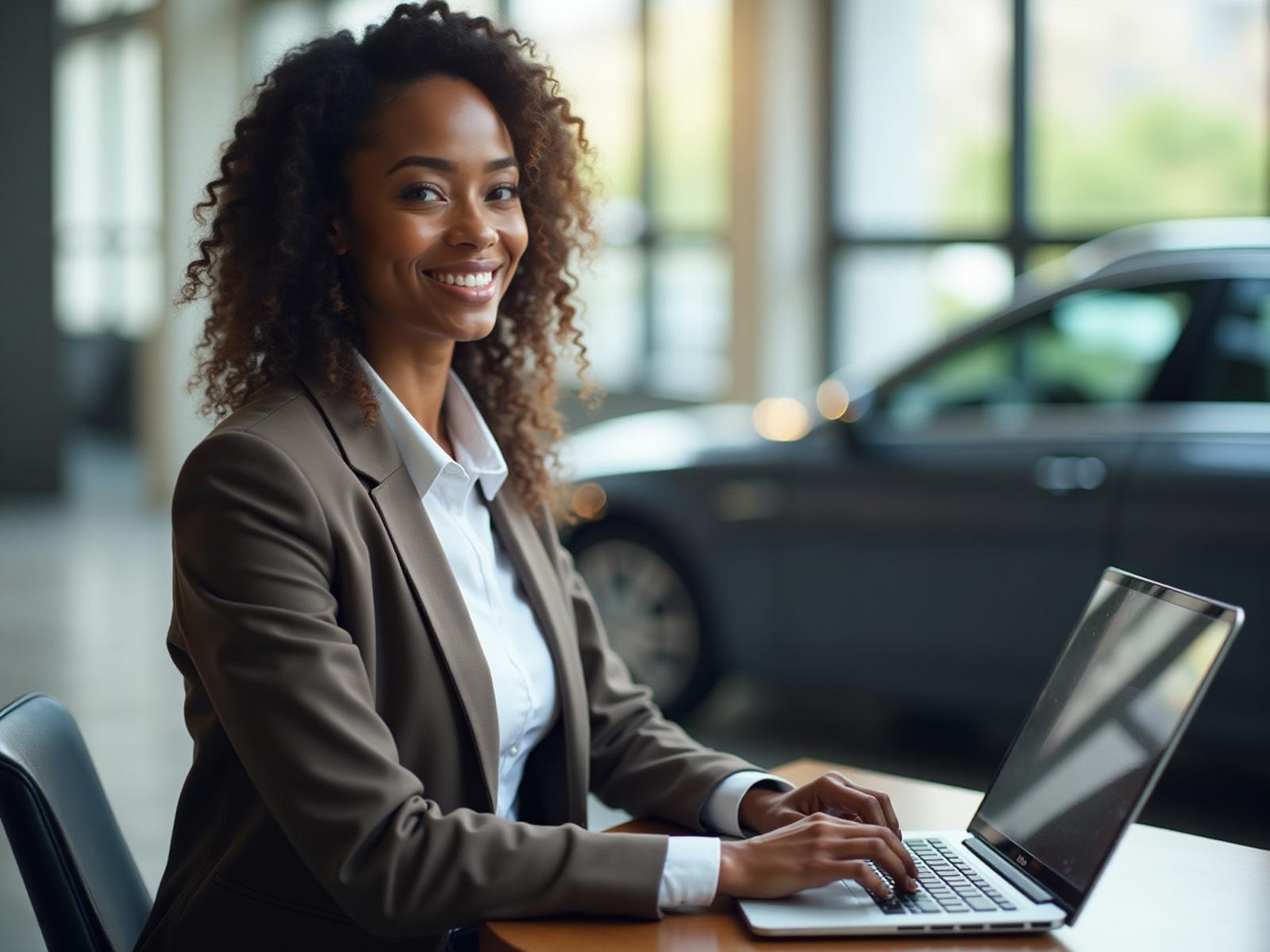 Professional person using laptop with car in background